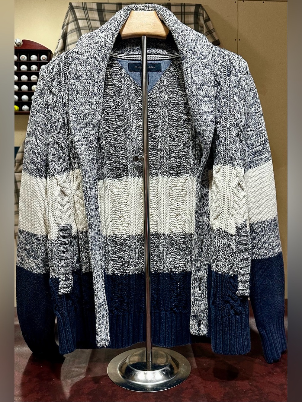 Tommy Hilfiger Navy, White & Gray Cable-Knit Shawl Collar Sweater unisex🌟